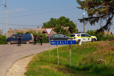 Polis arabası. Metin veya yazıtlar için kopyalama alanı olan bir arkaplan. İllüstrasyon başyazısı. 12 Temmuz 2021 Balti Moldova.
