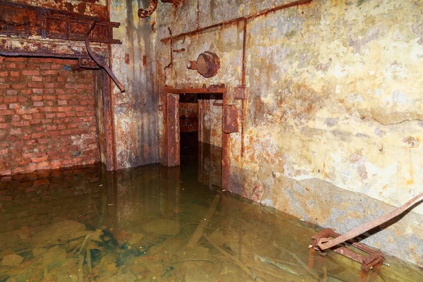 Flooded disguised secret military bunker. Abandoned bomb shelter. Background