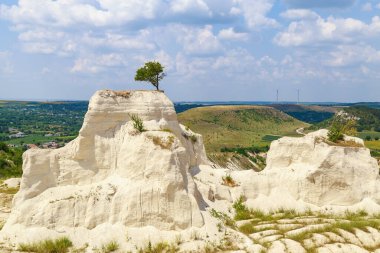 Vahşi doğadaki kireçtaşı dağı. Doğal taşla kaplı güzel bir manzara. Antik Sarmatya Denizi 'nin dibinde.
