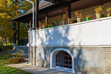 Moldova 'daki otantik eski köy evi. Metin için kopyalama alanı olan doğal sonbahar arkaplanı