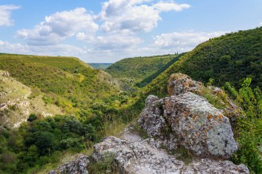 Doğu Avrupa 'nın vahşi kayalık ve dağlık doğası. Metin için kopya alanı olan peyzaj arkaplanı. Seçici odaklanma, uyumlu. Tipovo veya Tipova köyü, Moldova 'ya hoş geldiniz..