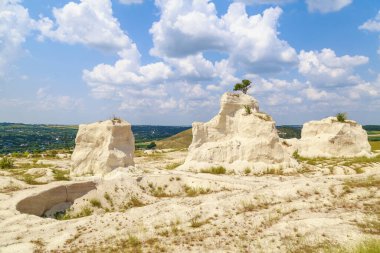 Vahşi doğadaki kireçtaşı dağı. Doğal taşla kaplı güzel bir manzara. Antik Sarmatya Denizi 'nin dibinde.