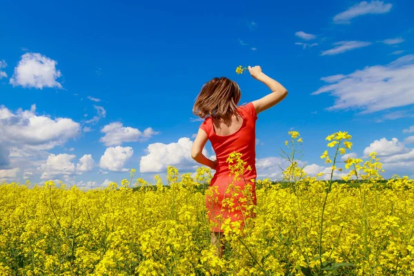 Young Pretty Woman Colored Dress Lightning Cheerful Yellow Background Blooming — Stock Photo, Image