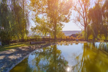 Kırsalda korunmuş eski bir gölet. Metin için kopyalama alanı olan yapay doğa arkaplanı