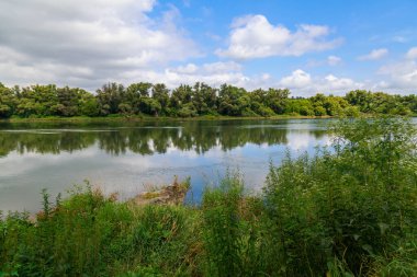 Geniş nehir. Metin veya harfler için kopya alanı olan Doğu Avrupa arka planı. Balık tutmak ve rafting yapmak için ideal. Bir turistin gözlerinden bak.
