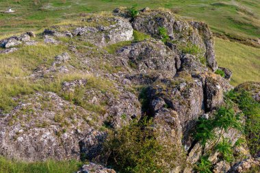 Doğu Avrupa 'nın vahşi kayalık ve dağlık doğası. Metin için kopya alanı olan peyzaj arkaplanı. Seçici odaklanma, uyumlu. Coban ya da Cobani köyü, Moldova 'ya hoş geldiniz..