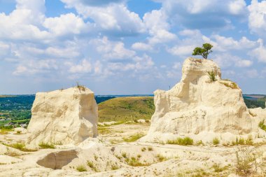 Vahşi doğadaki kireçtaşı dağı. Doğal taşla kaplı güzel bir manzara. Antik Sarmatya Denizi 'nin dibinde.