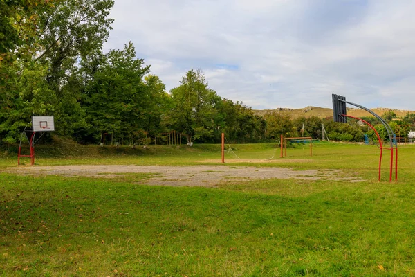 Una Cancha Baloncesto Aire Libre Está Cubierta Hierba Debido Bloqueo —  Fotos de Stock