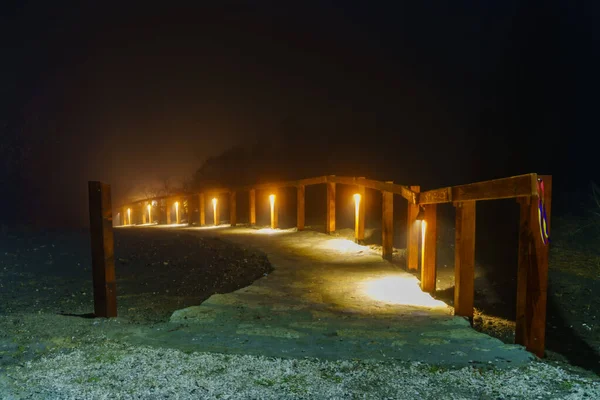 Nachtpark Undurchdringlichen Dichten Nebel Hintergrund Mit Kopierraum Für Text Weg — Stockfoto