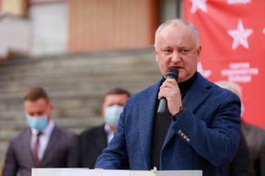 Igor Dodon ülkenin eski başkanıdır. Sosyalist Parti Toplantısı. İllüstrasyon başyazısı. 17 Ekim 2021 Balti Moldova.