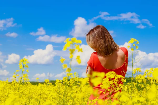 Young Pretty Woman Colored Dress Lightning Cheerful Yellow Background Blooming — Stock Photo, Image