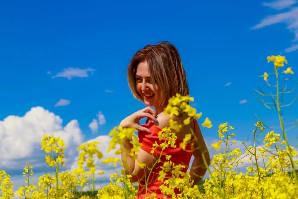 Young Pretty Woman Colored Dress Lightning Cheerful Yellow Background Blooming — Stock Photo, Image