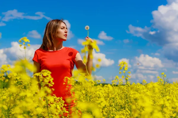 Young Pretty Woman Colored Dress Lightning Cheerful Yellow Background Blooming — Stock Photo, Image