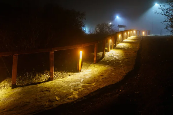 Nachtpark Undurchdringlichen Dichten Nebel Hintergrund Mit Kopierraum Für Text Weg — Stockfoto