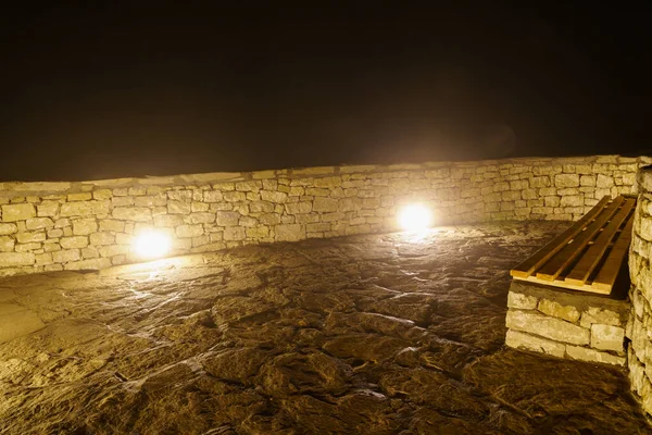 Nachtpark Ondoordringbare Zware Mist Achtergrond Met Kopieerruimte Voor Tekst Houten — Stockfoto