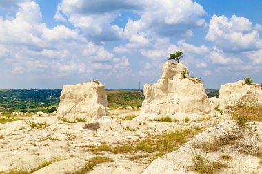 Vahşi doğadaki kireçtaşı dağı. Doğal taşla kaplı güzel bir manzara. Antik Sarmatya Denizi 'nin dibinde.