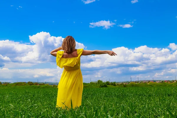 緑のフィールドの屋外で黄色のドレスの若い女性 生命の愛と世界への開放の概念 — ストック写真