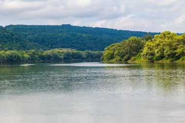 Geniş nehir. Metin veya harfler için kopya alanı olan Doğu Avrupa arka planı. Balık tutmak ve rafting yapmak için ideal. Bir turistin gözlerinden bak.
