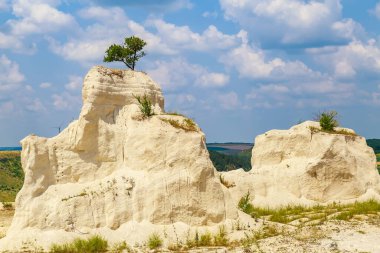 Vahşi doğadaki kireçtaşı dağı. Doğal taşla kaplı güzel bir manzara. Antik Sarmatya Denizi 'nin dibinde.