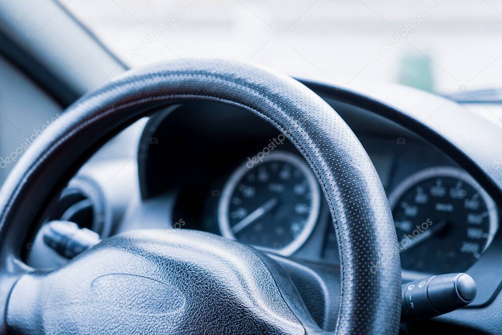 Steering wheel . Background with selective focus and copy space for text or inscription.