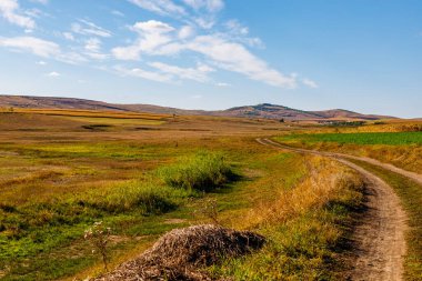 Tipik Moldova yeşil tarım ülkesi Moldova Cumhuriyeti manzarası. Metin veya yazı için kopyalama alanı olan arkaplan
