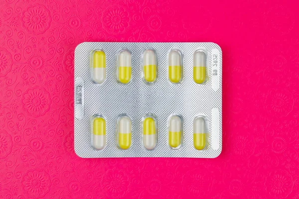 Blister Pack Ten Medical Tablets Pills Pink Background Medicine Pharmacology — Stock Photo, Image