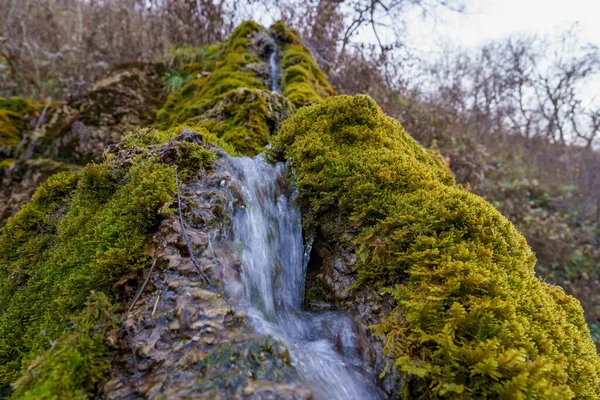 Přírodní Pramen Minerální Pitnou Vodou Volné Přírodě Kameny Zarostlými Mechem — Stock fotografie