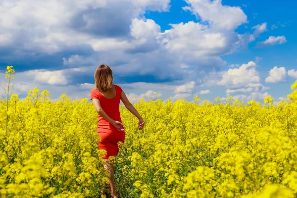 Young Pretty Woman Colored Dress Lightning Cheerful Yellow Background Blooming — Stock Photo, Image