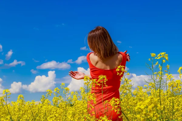 Young Pretty Woman Colored Dress Lightning Cheerful Yellow Background Blooming — Stock Photo, Image