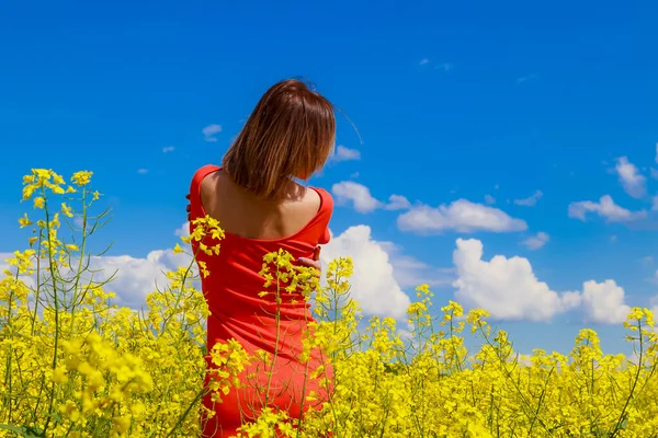 Young Pretty Woman Colored Dress Lightning Cheerful Yellow Background Blooming — Stock Photo, Image