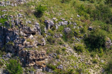 Doğu Avrupa 'nın vahşi kayalık ve dağlık doğası. Metin için kopya alanı olan peyzaj arkaplanı. Seçici odaklanma, uyumlu. Tipovo veya Tipova köyü, Moldova 'ya hoş geldiniz..