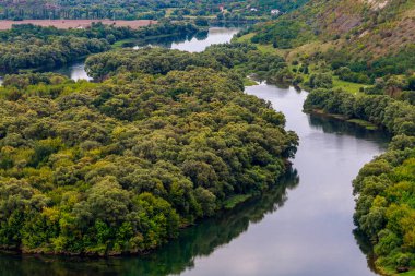 Geniş nehir. Metin veya harfler için kopya alanı olan Doğu Avrupa arka planı. Balık tutmak ve rafting yapmak için ideal. Bir turistin gözlerinden bak.