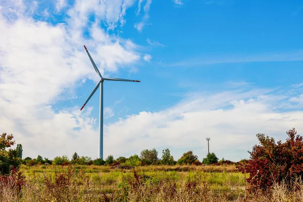 Elektrik üretimi için yel değirmenleri. Yeşil enerji konsepti. Metin için kopyalama alanı olan arkaplan. Şehrin dışındaki modern çiftlik..