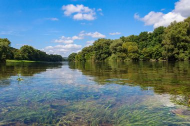 Geniş nehir. Metin veya harfler için kopya alanı olan Doğu Avrupa arka planı. Balık tutmak ve rafting yapmak için ideal. Bir turistin gözlerinden bak.