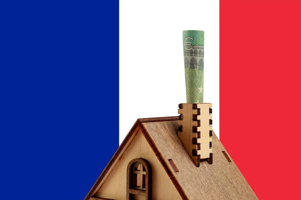 Euro Bill Chimney Wooden Toy Symbolic House Background France Flag — Stock Photo, Image