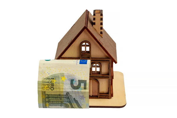Kontantsedel Euro Stänger Delvis Trä Leksak Symboliskt Hus Vit Isolerad — Stockfoto