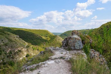 Doğu Avrupa 'nın vahşi kayalık ve dağlık doğası. Metin için kopya alanı olan peyzaj arkaplanı. Seçici odaklanma, uyumlu. Tipovo veya Tipova köyü, Moldova 'ya hoş geldiniz..