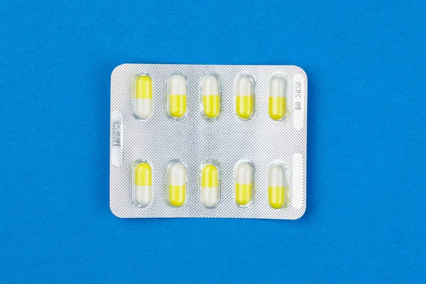 Blister Pack Ten Medical Tablets Pills Dark Blue Background Medicine — Stock Photo, Image