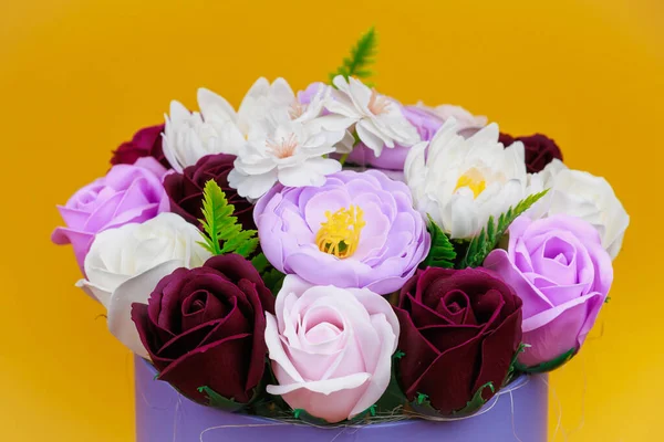 Artificial Flowers Made Soap Gift Bouquet Selective Focus Congratulations Birthday — Stock Photo, Image