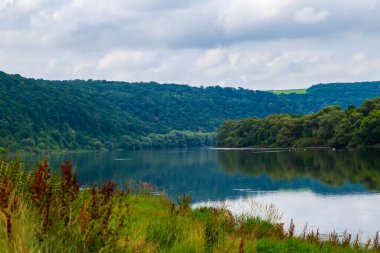 Geniş nehir. Metin veya harfler için kopya alanı olan Doğu Avrupa arka planı. Balık tutmak ve rafting yapmak için ideal. Bir turistin gözlerinden bak.
