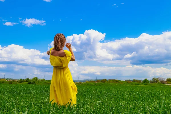 緑のフィールドの屋外で黄色のドレスの若い女性 天気の良い日に国が歩く — ストック写真