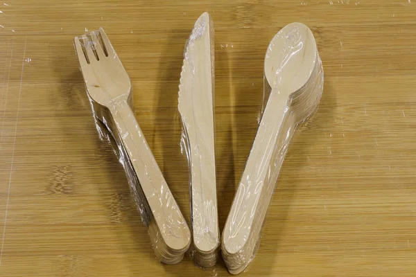 Disposable Eco Cutlery Wooden Forks Spoons Knives Picnic Background Copy — Foto de Stock