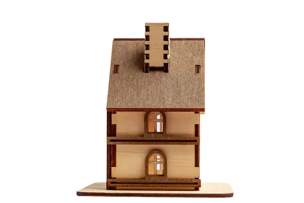Drewniany Dom Symboliczny Zabawki Białym Izolowanym Tle Widok Boczny — Zdjęcie stockowe