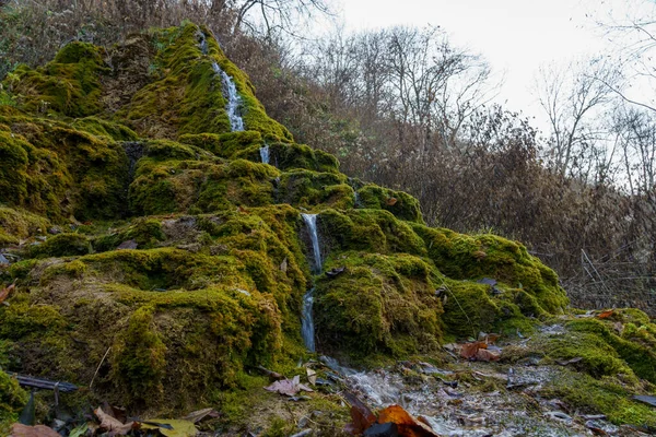 Primavera Natural Com Água Potável Mineral Natureza Com Pedras Cobertas — Fotografia de Stock