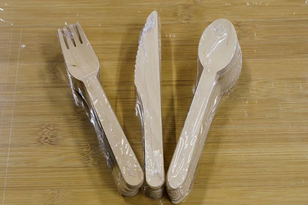 Disposable Eco Cutlery Wooden Forks Spoons Knives Picnic Background Copy — Foto de Stock