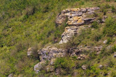 Doğu Avrupa 'nın vahşi kayalık ve dağlık doğası. Metin için kopya alanı olan peyzaj arkaplanı. Seçici odaklanma, uyumlu. Tipovo veya Tipova köyü, Moldova 'ya hoş geldiniz..
