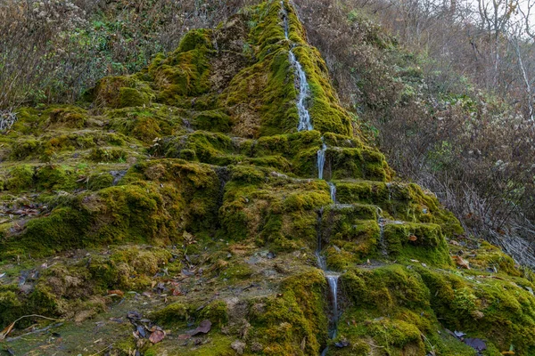 Primavera Natural Com Água Potável Mineral Natureza Com Pedras Cobertas — Fotografia de Stock