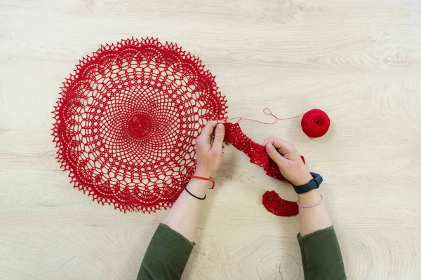 Hands Craftswoman Ball Red Threads Unusual Hobby Crochet Background Copy — Stock Photo, Image