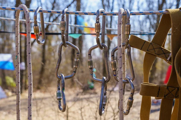 Carabiners Tourism Blurred Background Selective Focus Copy Space Text — Foto Stock