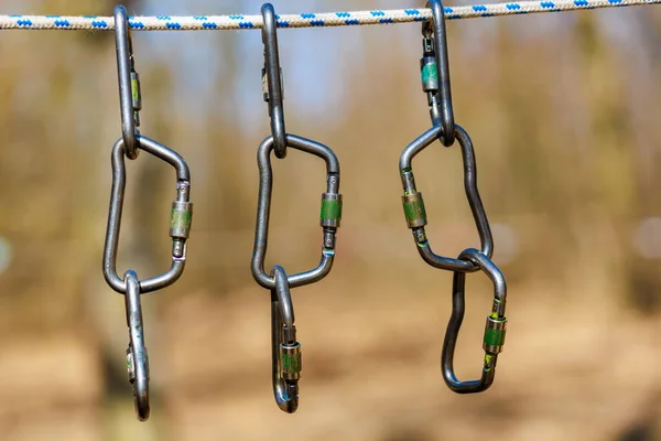 Carabiners Tourism Blurred Background Selective Focus Copy Space Text — Foto Stock